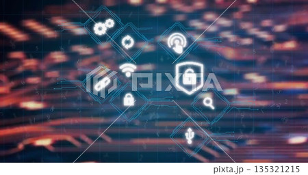 Floating white security icons clustering above tech background, with shield padlock USB plug Wi-Fi Floating white security icons clustering above tech background, with shield padlock USB plug Wi-Fi 135321215