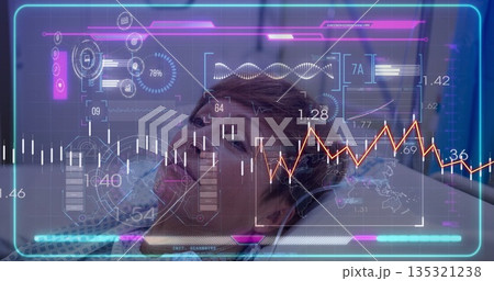 Showing senior woman wearing medical gown reclining on bed in high tech lab, holographic interface Showing senior woman wearing medical gown reclining on bed in high tech lab, holographic interface 135321238