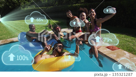 Relaxing friends sipping beer and floating on inflatables in backyard pool, showing cloud graphics Relaxing friends sipping beer and floating on inflatables in backyard pool, showing cloud graphics 135321287