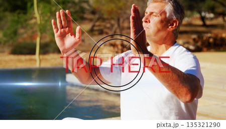 Man wearing white t-shirt performing Tai Chi on wooden deck at pool, overlay graphic, copy space 135321290