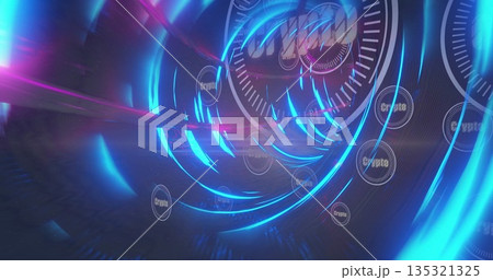 Streaming tunnel swirling with neon rings in virtual data corridor, with glowing crypto icons 135321325