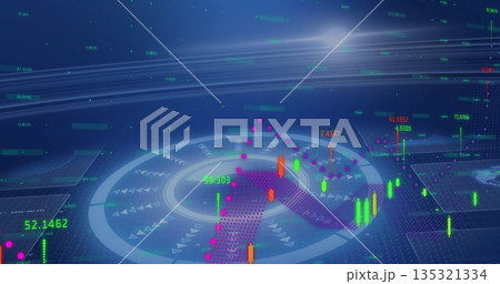 Displaying holographic platform in dark hub, with candlestick bars, numeric data and dot clusters Displaying holographic platform in dark hub, with candlestick bars, numeric data and dot clusters 135321334