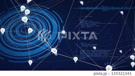 Displaying lightbulb node icons around concentric interface on dark blue grid, with code snippet 135321341