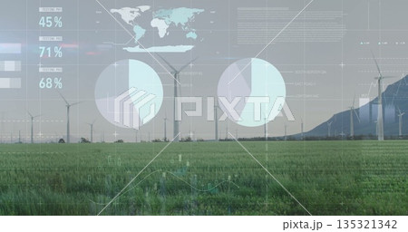 Spanning tall wind turbines rotating across rural wind farm, with world map and pie chart overlays Spanning tall wind turbines rotating across rural wind farm, with world map and pie chart overlays 135321342