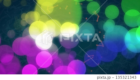 Overlapping neon circles floating over dark backdrop, featuring network lines, constellation marks Overlapping neon circles floating over dark backdrop, featuring network lines, constellation marks 135321343