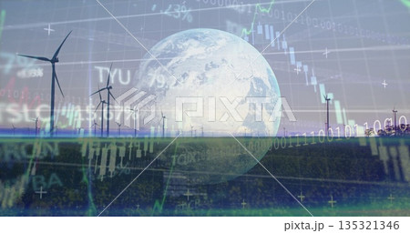 Lining white wind turbines across farm under blue sky, with Earth globe and binary code overlays 135321346