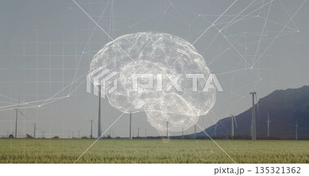 Floating digitally rendered brain overlay showing network lines above wind farm, with wind turbines 135321362