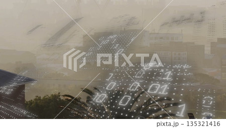 Binary code matrix floating in smoggy cityscape over modern buildings, with palm tree foreground Binary code matrix floating in smoggy cityscape over modern buildings, with palm tree foreground 135321416