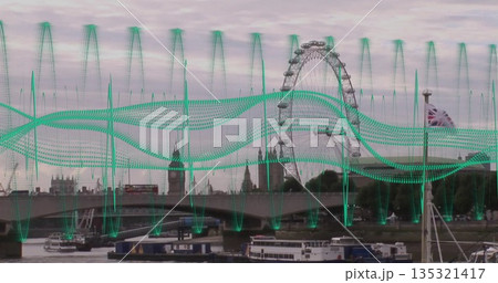 Showing London Eye turning above River Thames, with bus crossing bridge, boats, green wave overlays Showing London Eye turning above River Thames, with bus crossing bridge, boats, green wave overlays 135321417