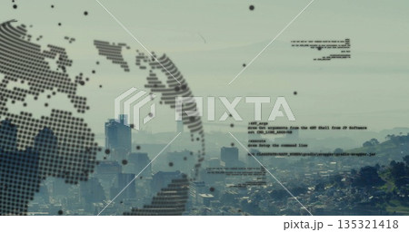 Overlaying dotted globe hovering over urban skyline from hilltop, with floating code snippets 135321418