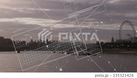 Overlaying translucent digital interface on River Thames at dusk showing boats, skyline, London Eye 135321428