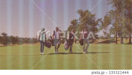 Walking four golfers carrying golf bags down golf course fairway, wearing caps, sunhat and gloves Walking four golfers carrying golf bags down golf course fairway, wearing caps, sunhat and gloves 135321444