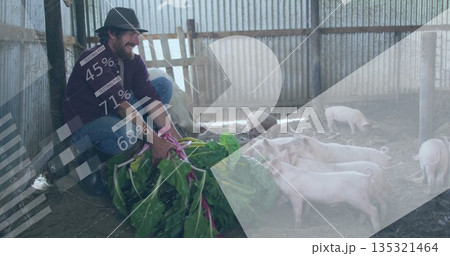 Crouching farmhand in wide hat feeding piglets with leafy greens inside metal pen, copy space Crouching farmhand in wide hat feeding piglets with leafy greens inside metal pen, copy space 135321464