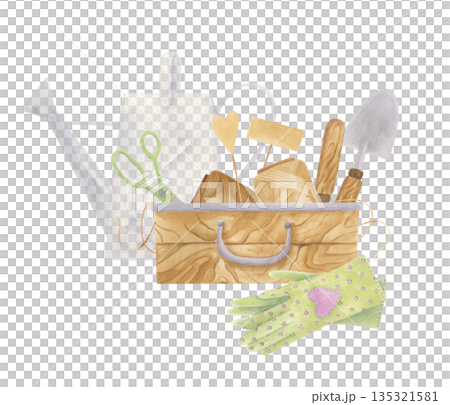 Watercolor watering can, gloves and gardening tools in wooden box isolated on white. Vintage spring garden clipart in rustic style 135321581