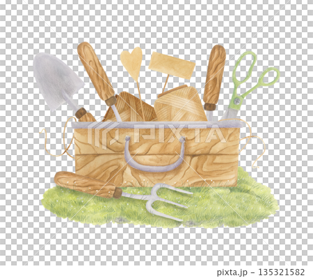 Watercolor gardening tools in wooden box on grass: trowel, scissors and garden fork isolated on white. Vintage spring clipart. Watercolor gardening tools in wooden box on grass: trowel, scissors and garden fork isolated on white. Vintage spring clipart. 135321582