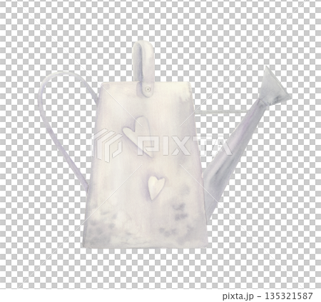 Watercolor watering can clipart with heart details. Gardening tool in vintage style with decorative hearts isolated on white. 135321587