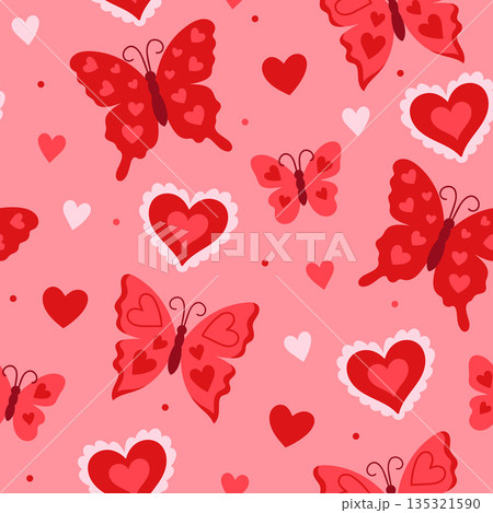 Seamless pattern with butterflies and hearts. Vector graphics. 135321590