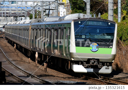 E233系7000番台ハエ117編成埼京線開業40年ラッピング　山手貨物線内 135321615