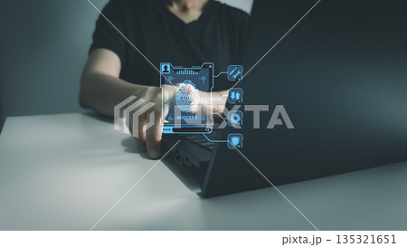 Fingerprint scanner to access information, verify to authentication, touching screen to login security, Internet of things, cloud computing, Internet connection, shopping online and cashless society 135321651