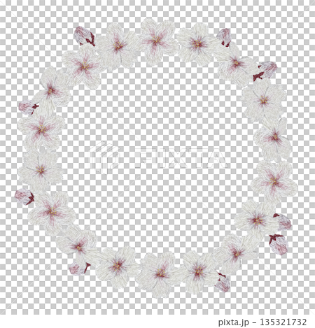 【桜の花の丸フレーム】手刺繍イラスト素材 135321732