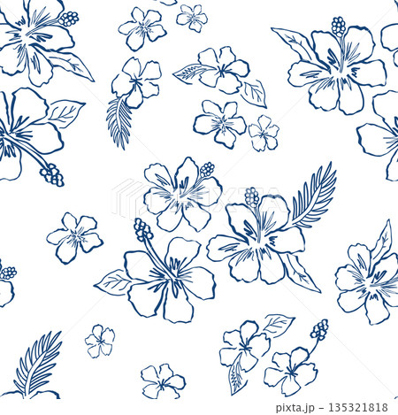 Blue hibiscus flower tropical summer seamless pattern. Vector nature floral background. Sketch drawing in ink Blue hibiscus flower tropical summer seamless pattern. Vector nature floral background. Sketch drawing in ink 135321818