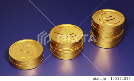 ネイビー背景と階段状のドル・円・ユーロ金貨 信頼・安定した国際金融投資のイメージ 135321837