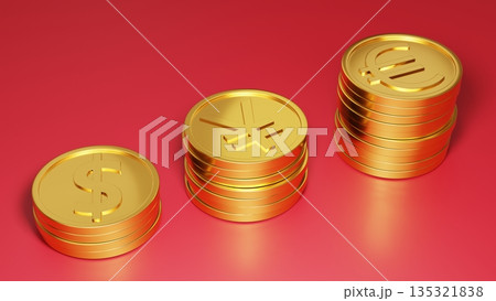 赤い背景と階段状のドル・円・ユーロ金貨 積極的な外貨投資・金運・成長のイメージ 赤い背景と階段状のドル・円・ユーロ金貨 積極的な外貨投資・金運・成長のイメージ 135321838