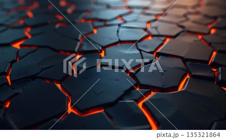 Futuristic Abstract Hexagonal Surface With Glowing Orange Cracks Futuristic Abstract Hexagonal Surface With Glowing Orange Cracks 135321864