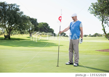 Male golfer wearing golf glove standing on green grasping flagstick by hole on fairway, copy space 135322020