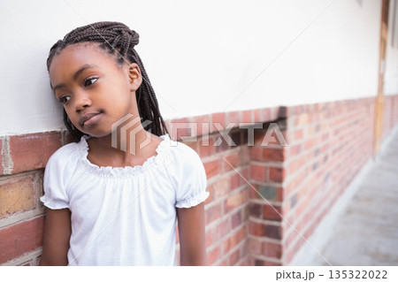 African American child girl standing next to brick wall on sidewalk with long braids, copy space African American child girl standing next to brick wall on sidewalk with long braids, copy space 135322022