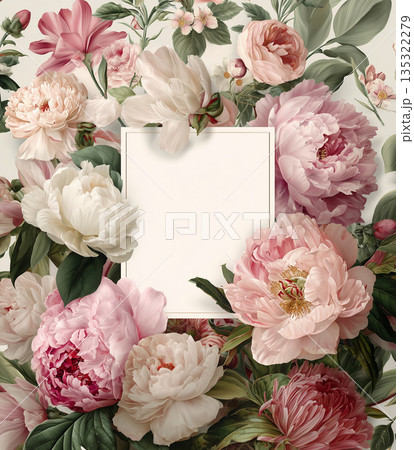 Floral collage featuring various species of flowers with a blank frame for adding text or designs 135322279