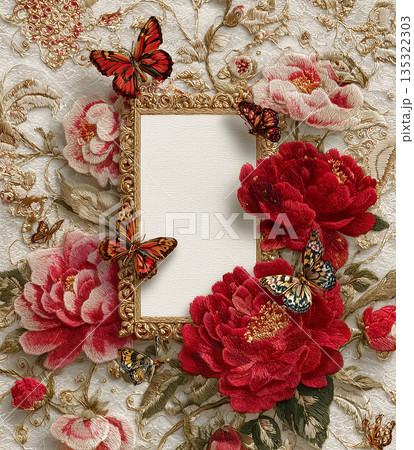 Colorful butterflies surround floral embroidery with a blank frame on a textured background 135322303