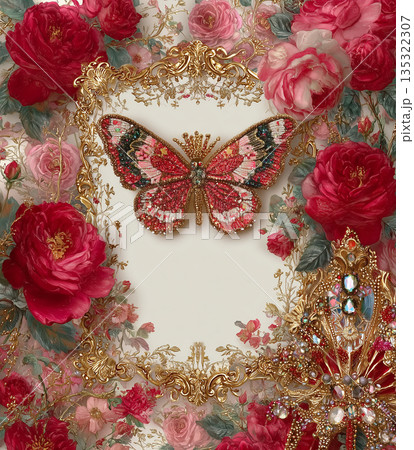 Bright butterfly decoration with floral details on a textured background of roses and gold accents Bright butterfly decoration with floral details on a textured background of roses and gold accents 135322307