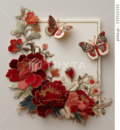 Decorative embroidery features flowers and butterflies on a white background designed for artistic display or craft projects Decorative embroidery features flowers and butterflies on a white background designed for artistic display or craft projects 135322313