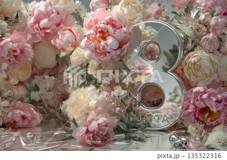 Number eight reflects in flowers celebrating a special event in spring with multiple blooms and a shiny surface Number eight reflects in flowers celebrating a special event in spring with multiple blooms and a shiny surface 135322316