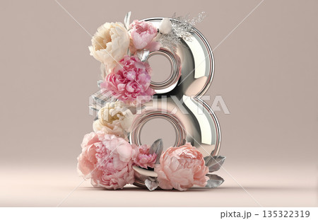 Number eight placed on light background surrounded by pink flowers at a birthday event 135322319