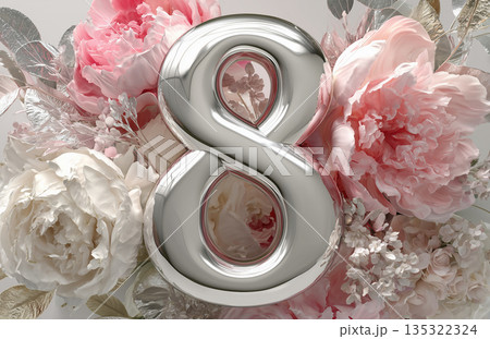 Silver balloon number 8 surrounded by pink and white flowers for a birthday celebration in a bright setting 135322324