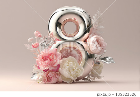 Number eight made of metal surrounded by pink and white flowers with a plain background 135322326