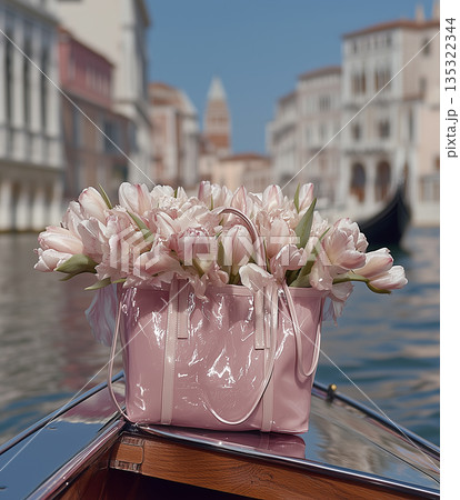Fresh flowers in a pink bag on a boat in a canal surrounded by historic buildings on a sunny day in Venice 135322344