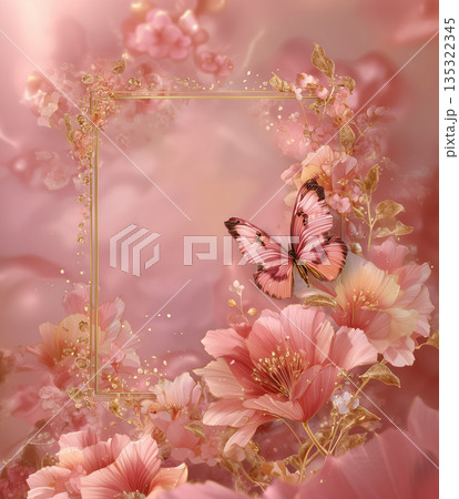 Butterfly sitting on pink flowers with decorative floral details in soft light 135322345