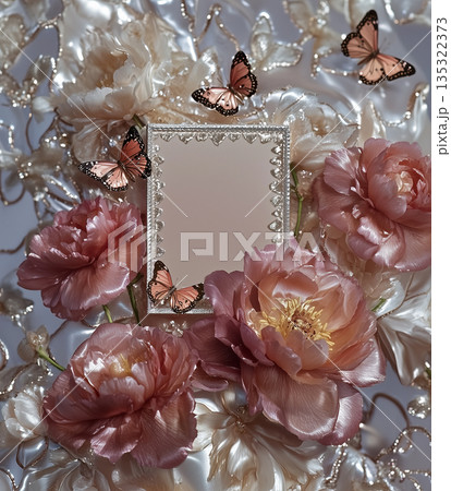Flowers and butterflies with a blank frame on a floral background for decoration or design purposes Flowers and butterflies with a blank frame on a floral background for decoration or design purposes 135322373