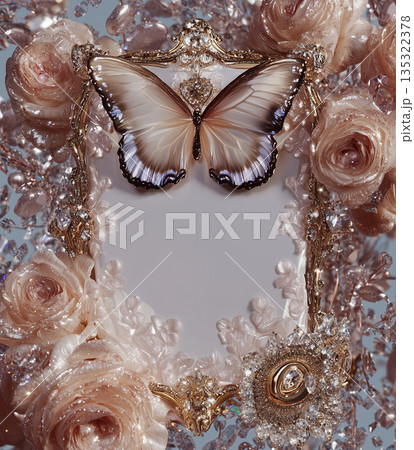 Decorative frame with butterfly and pink roses displayed on a light background Decorative frame with butterfly and pink roses displayed on a light background 135322378