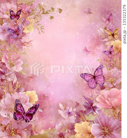 Colorful butterflies and flowers in a bright pink background with various pink shades and gold accents Colorful butterflies and flowers in a bright pink background with various pink shades and gold accents 135322379