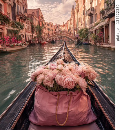 Flowers in a bag on a gondola ride through a canal in Venice during the evening light Flowers in a bag on a gondola ride through a canal in Venice during the evening light 135322380