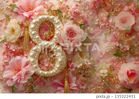 Pink flowers surround a decorative number eight with pearls for a celebration or event 135322431