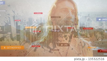 Blending adult male wearing plain shirt into urban skyline, with subscribe and notification icons 135322516