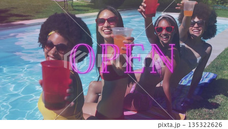 Sitting group of four women wearing bikinis and sunglasses, raising plastic cups at backyard pool Sitting group of four women wearing bikinis and sunglasses, raising plastic cups at backyard pool 135322626