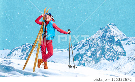 Playful composition joyful woman posing with vintage skis in alpine snow 135322676