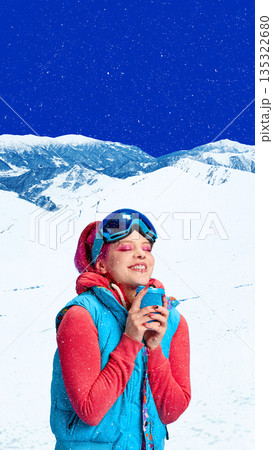 Cozy artwork of smiling girl holding hot drink in snowy mountains. Cozy artwork of smiling girl holding hot drink in snowy mountains. 135322680