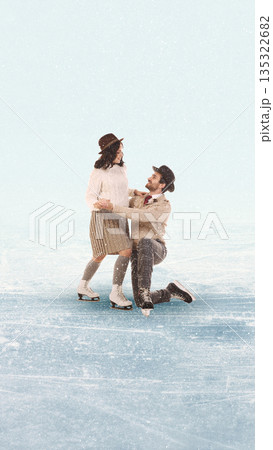 Romantic mixed media of couple ice skating with proposal gesture on frozen rink. Romantic mixed media of couple ice skating with proposal gesture on frozen rink. 135322682